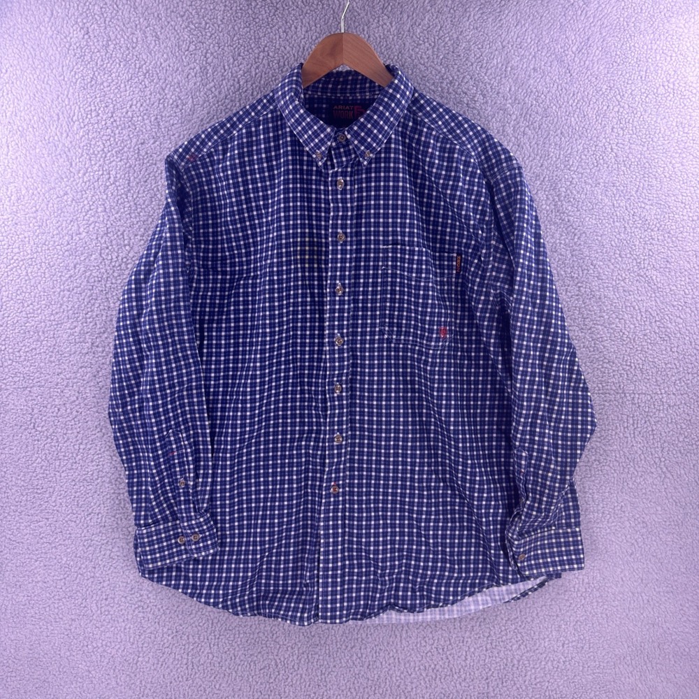 Ariat Work FR Mens XXL Blue Gingham Plaid Flame Resistant Button Down Shirt HRC2